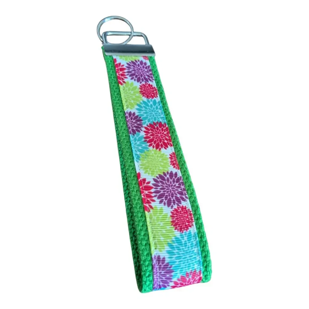 Floral Burst Keychain Wristlet Handmade Key FOB Bright Chrysanthemum Mum Flowers